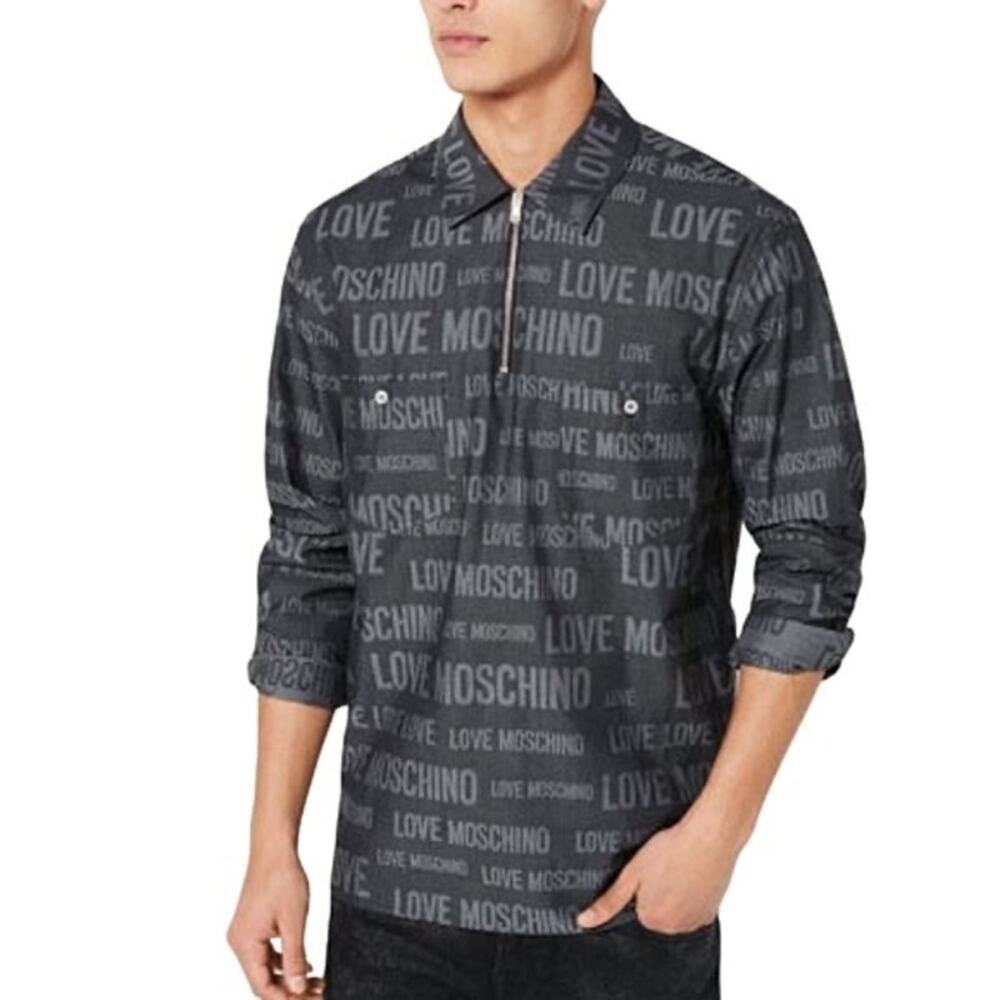 NWOT LOVE MOSCHINO Shirt Men XL Grey Logo-Print 1/4Zip Collar Pocket Long-Sleeve
